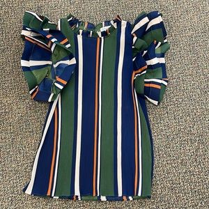 USED-Allover strip, Frill Neck Ruffle Trim Mock Neck, Butterfly Sleeve Blouse